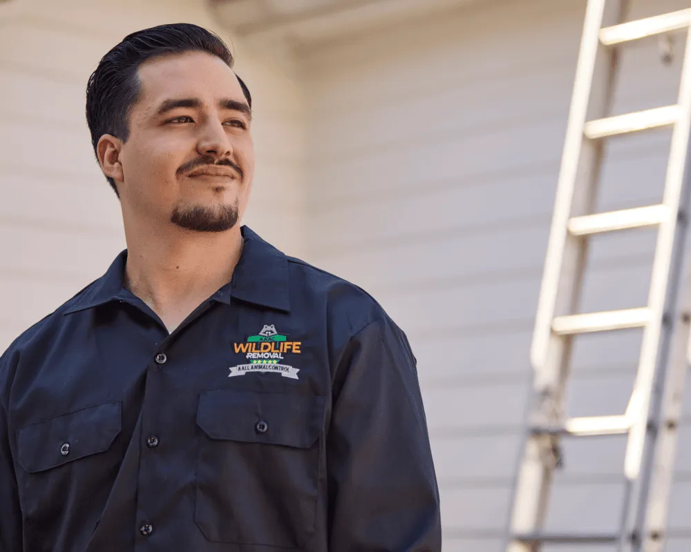 Wildlife removal professional in uniform standing in front of a house