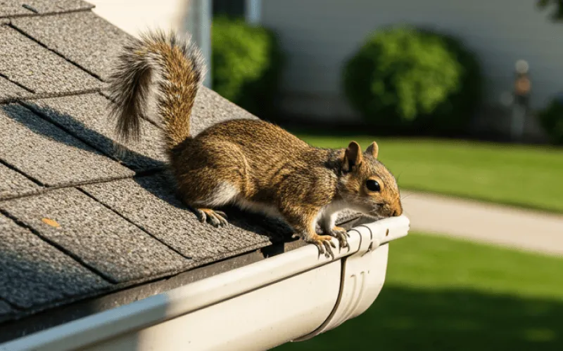 Squirrel on house roof and gutter